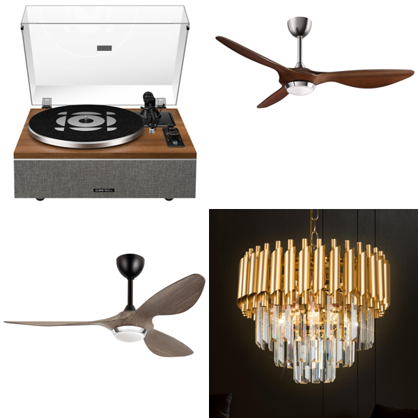 Source photograph for Pallet – Mixed Home Appliances – Record Players, Ceiling Fans, Chandeliers, Air Fryers, Ice Cream Makers