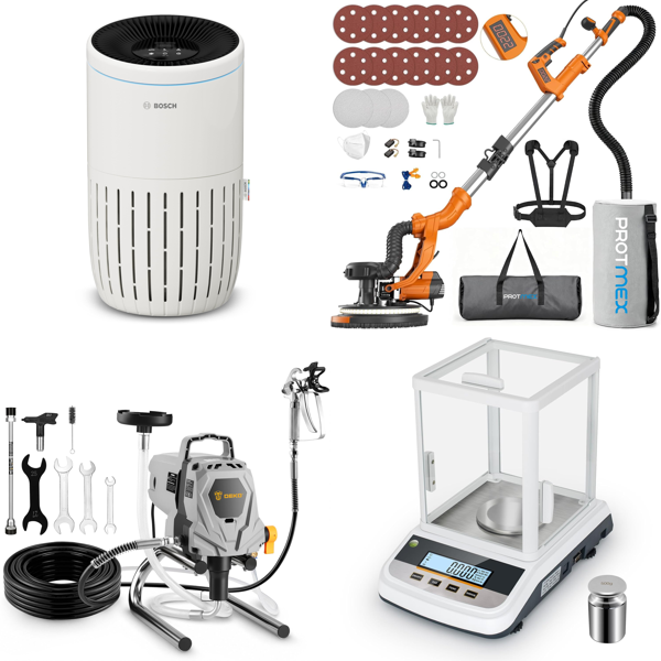 Source photograph for Pallet – Mixed Equipment – Air Purifier, Paint Sprayer, Drywall Sander, Precision Scale, Rug, Protective Case, Dog Bed