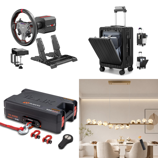 Source photograph for Pallet – Mixed Home, Automotive & Leisure Goods – Racing Wheel, Winch, Suitcase, Lighting, Garment Steamer, Speakers, Tower Fan