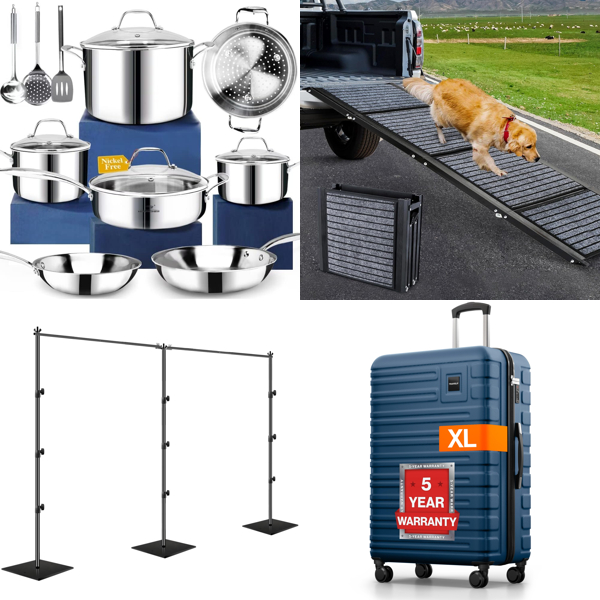 Source photograph for Pallet – Mixed Home Goods – Cookware, Suitcases, Fans, Garden Tools, Cutting Boards