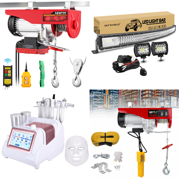 Source photograph for Pallet – Mixed Trade & Garden Equipment – Electric Hoists, Beauty Machines, LED Lighting, Mirrors, Garden Hoses