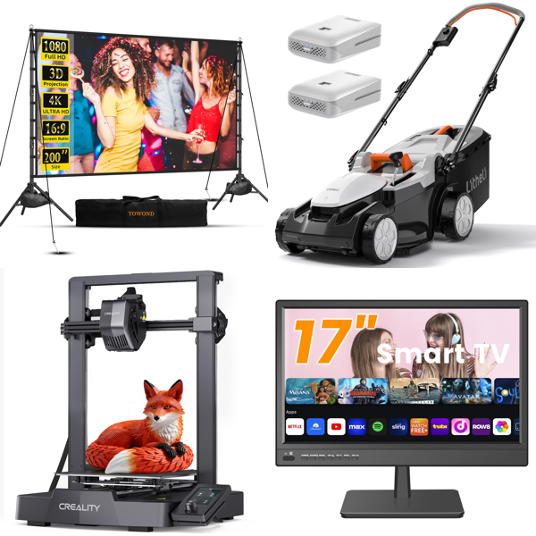 Source photograph for Pallet – Electronics, Garden & Stage Equipment – Projector Screen, 3D Printer, Lawnmower, Television, Disco Lights