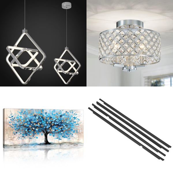 Source photograph for Pallet – Mixed Home Goods – Light Fixtures, Wall Art, Globe, Mailing Bags