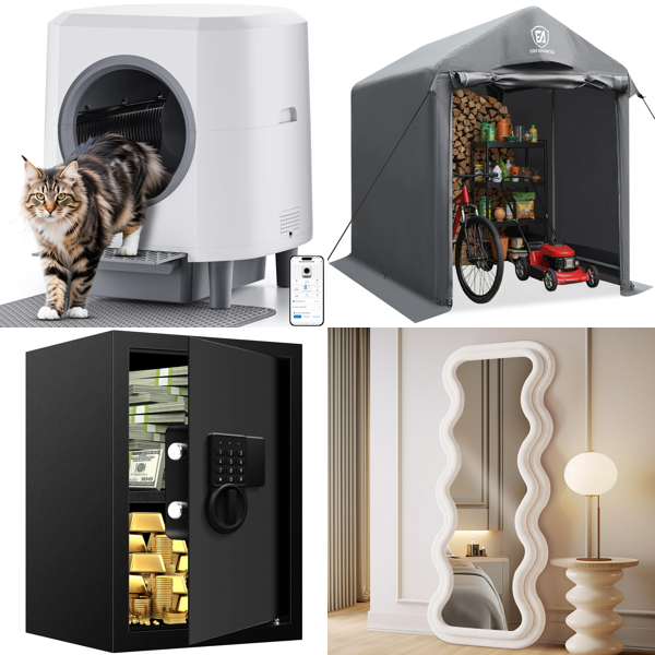 Source photograph for Pallet – Mixed Home Goods – Automatic Cat Litter Trays, Safes, Garden Sheds, Mirrors, Shade Cloths, Cookware
