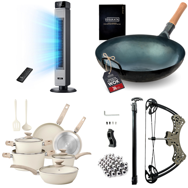 Source photograph for Pallet – Mixed Goods – Fans, Cookware Sets, Wok Pan, Bow, Badminton Machine, Suitcases, TV Screen Protector