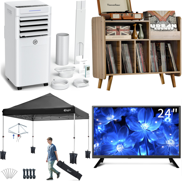 Source photograph for Pallet – Mixed Goods – Air Conditioner, Television, Vinyl Flooring, Cat Tree
