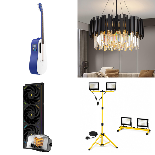Source photograph for Pallet – Mixed Home Goods – Electro-Acoustic Guitar, CPU Cooler, Crystal Chandelier, LED Work Light, Grass Trimmer