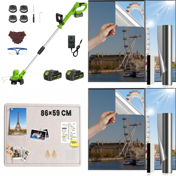 Source photograph for Pallet – Garden Tools & Window Films – Cordless Grass Trimmer, Pin Board, Frosted Window Film