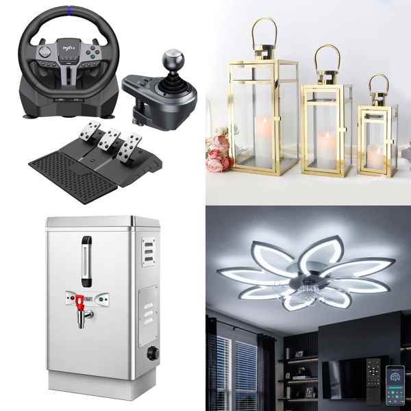 Source photograph for Pallet – Mixed Goods – Racing Wheels, Water Boilers, Lanterns, Ceiling Fans, Dog Ramps, Storage Containers