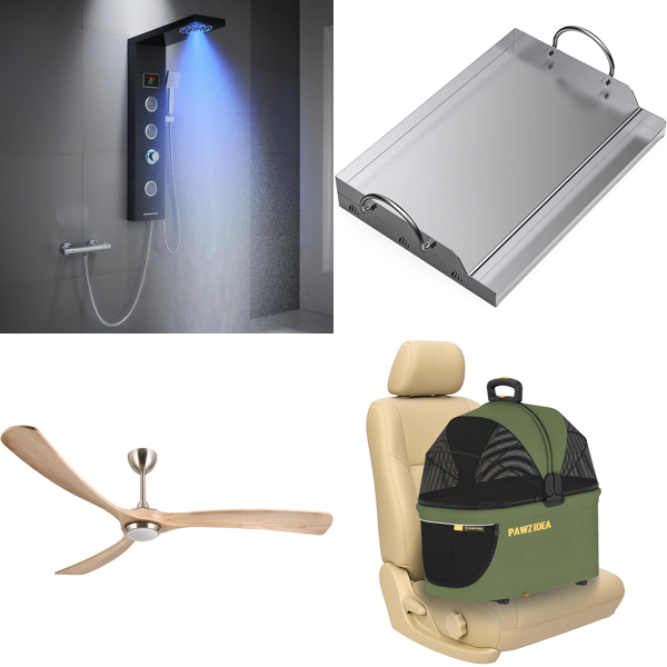 Source photograph for Pallet – Home Furnishings – Shower Panel, Ceiling Fan, BBQ Griddle Plates, Wall Clocks