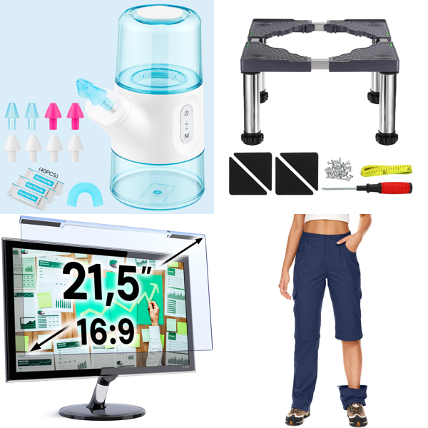 Source photograph for Pallet – Mixed Goods – Nasal Irrigator, Monitor Filter, Stands, Hiking Trousers, Dresses, Kitchen Organiser