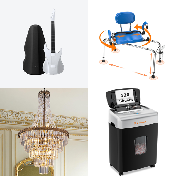 Source photograph for Pallet – Mixed Goods – Electric Guitar, Crystal Chandelier, Shower Chair, Paper Shredders, Pole Saw