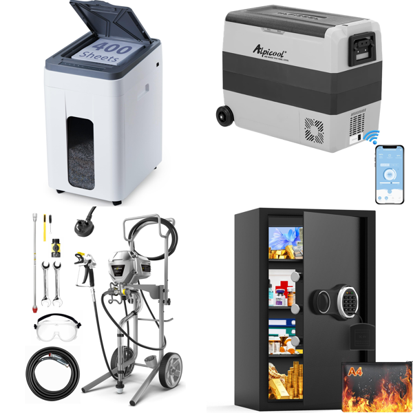 Source photograph for Pallet – Office & Household – Paper Shredders, Airless Paint Sprayers, Car Refrigerators, Fireproof Safes