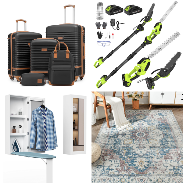 Source photograph for Pallet – Home Goods – Suitcases, Hedge Trimmers, TV Stands, Rugs
