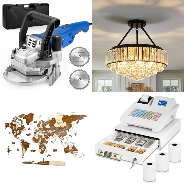 Source photograph for Pallet – Mixed Home Goods – Chandeliers, Cash Register, Chopping Boards, Washing Machine Mats, Pet Accessories