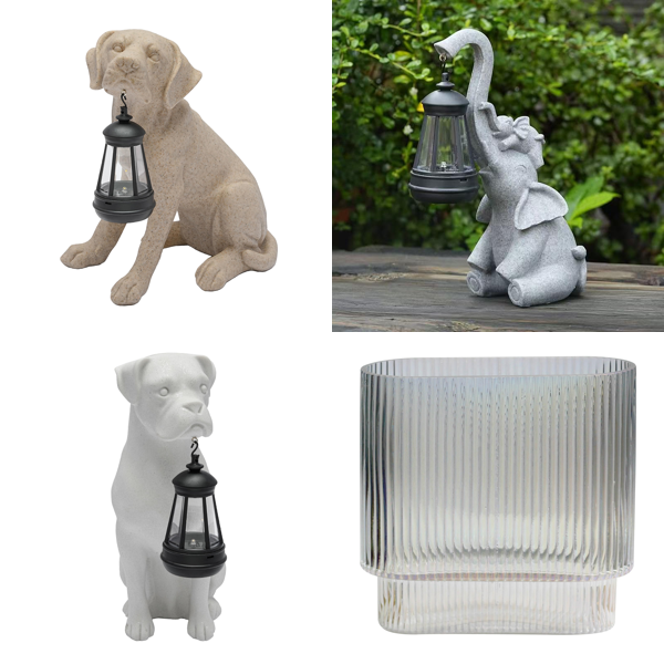 Source photograph for Pallet – Garden Decor – Solar Dog Statues, Solar Elephant Statues, Glass Vases