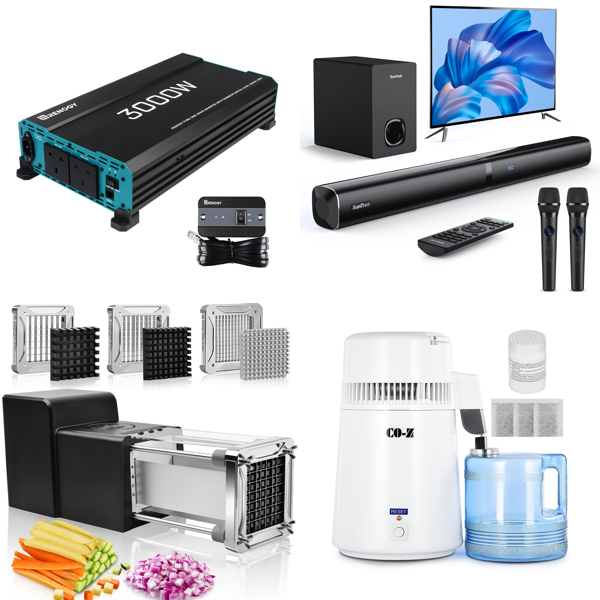Source photograph for Pallet – Mixed Goods – Inverters, Sound Systems, Mini Fridges, Water Distillers, Speakers, Travel Bags