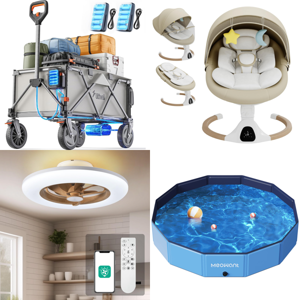 Source photograph for Pallet – Mixed Goods – Electric Carts, Ceiling Fans, Baby Swings, Dog Pools, Garden Hoses