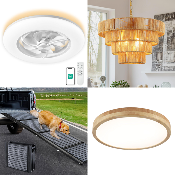 Source photograph for Pallet – Mixed Home & Garden Goods – Light Fixtures, Ceiling Fan, Grass Trimmer, Hammock, Keyboard Piano, Dinnerware, Room Divider, Massage Mat, Dog Ramp