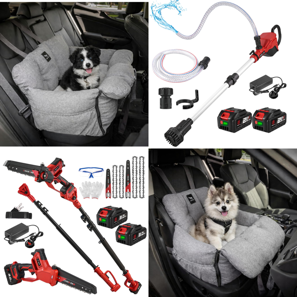 Source photograph for Pallet – Mixed Goods – Dog Car Seats, Telescopic Saws, Water Pumps, Illuminated Mirrors, Tents, Protective Covers