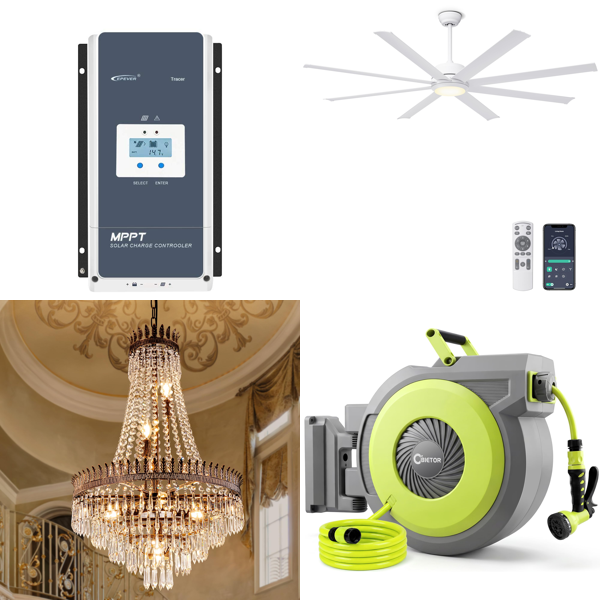 Source photograph for Pallet – Mixed Home & Garden Goods – Solar Charge Controller, Chandeliers, Ceiling Fan, Garden Hose, Folding Wagons