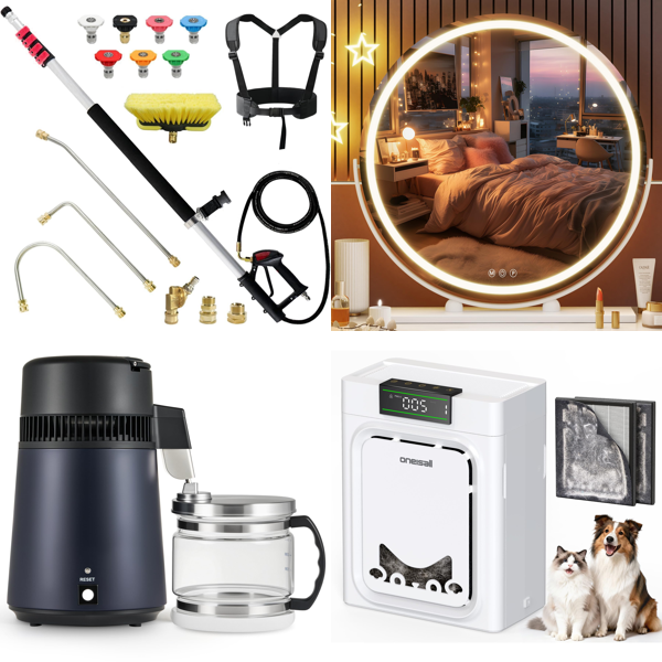 Source photograph for Pallet – Mixed Home & Garden Equipment – Pressure Washer Wands, Water Distiller, Vanity Mirrors, Air Purifier, Garden Fences, Clothes Rack