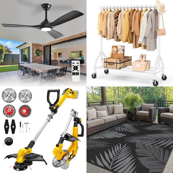 Source photograph for Pallet – Mixed Home & Garden Equipment – Fans, Trimmers, Clothes Rails, Vacuum Cleaners, TV Stands