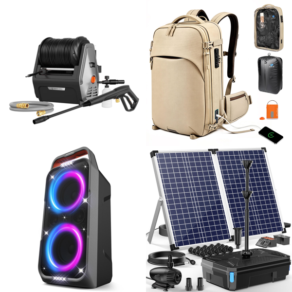 Source photograph for Pallet – Mixed Goods – Pressure Washers, Bluetooth Speakers, Travel Backpacks, Pond Filters