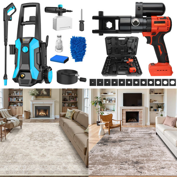 Source photograph for Pallet – Mixed Home Goods – Pressure Washers, Rugs, Hydraulic Wire Crimpers, Baby Swings