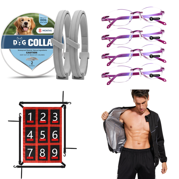 Source photograph for Pallet – Mixed Goods – Dog Collars, Reading Glasses, Sauna Suit, Wall Planner