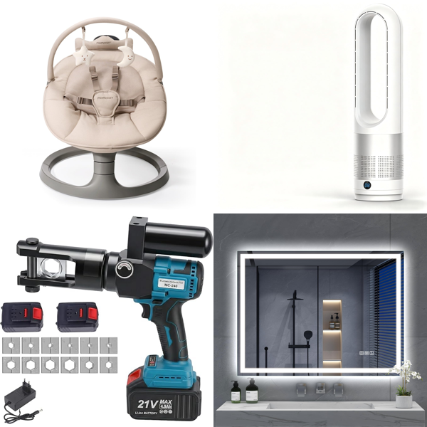 Source photograph for Pallet – Mixed Electrical, Automotive & Home – Baby Swing, Tower Fans, LED Mirror, Crimping Tool, Torque Wrench