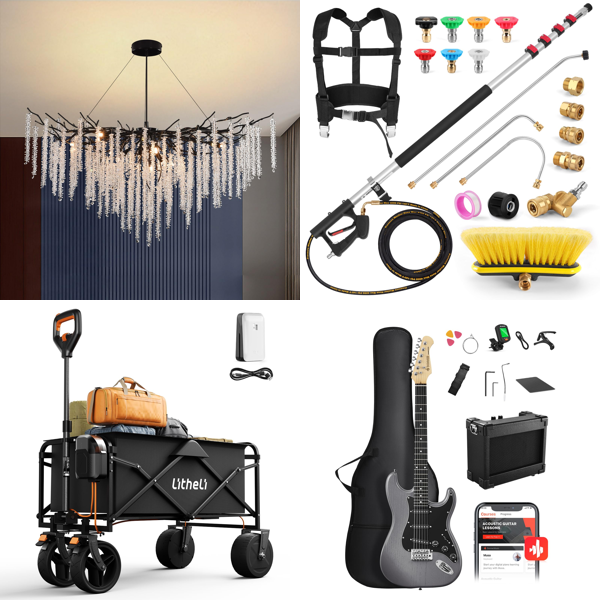 Source photograph for Pallet – Mixed Goods – Lighting, Electric Cart, Telescoping Pressure Washer Wands, Electric Guitar, Projector Screen