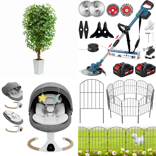Source photograph for Pallet – Mixed Home, Garden & Baby Products – Ficus Tree, Baby Swings, Grass Trimmers, Garden Fences, Wall Panels, Parasol