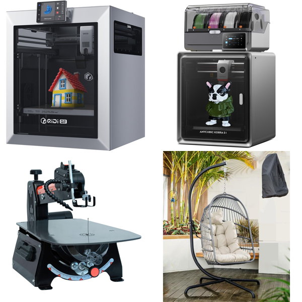 Source photograph for Pallet – Technology & Garden Equipment – 3D Printers, Scroll Saw, Garden Shed, Hanging Chair