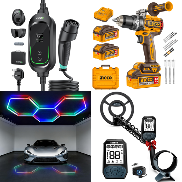 Source photograph for Pallet – Mixed Electrical & Garden Goods – EV Chargers, Metal Detectors, Cordless Drills, Garden Hoses