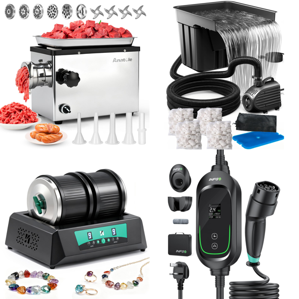 Source photograph for Pallet – Mixed Goods – Meat Grinder, Rock Tumbler, Pond Pump, EV Charger