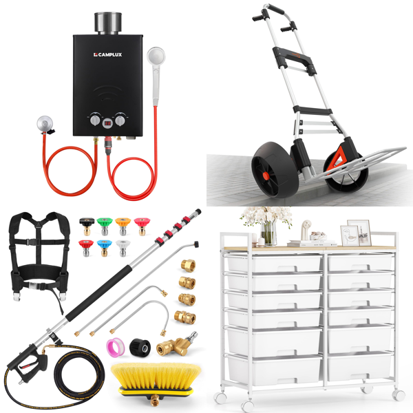 Source photograph for Pallet – Mixed Home & Garden Equipment – Gas Water Heater, Telescopic Wands, Trolleys, Hedge Trimmers