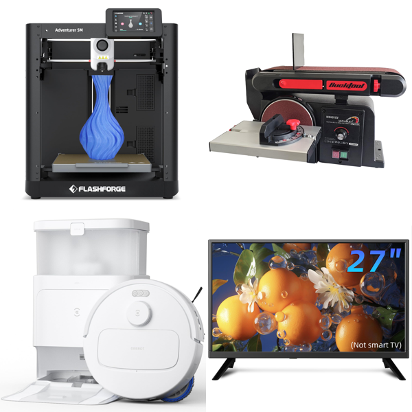Source photograph for Pallet – Mixed Technology & Home Equipment – 3D Printer, Robot Vacuum, Televisions, Belt Sander