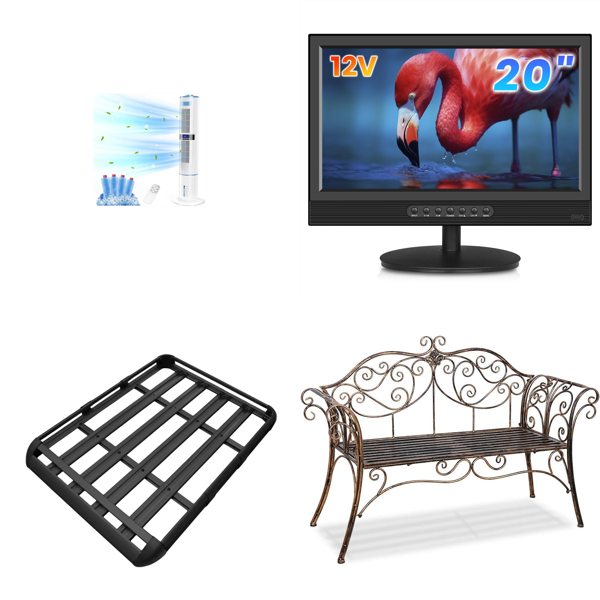 Source photograph for Pallet – Mixed Home & Garden Goods – Portable Air Conditioner, Roof Rack, Television, Garden Bench