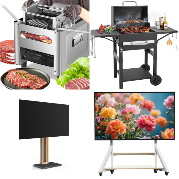 Source photograph for Pallet – Mixed Commercial And Garden Equipment – Electric Meat Slicer, TV Stand, Barbecue Grill, Cat Tree