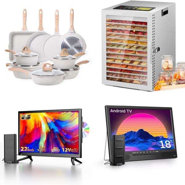 Source photograph for Pallet – Mixed Kitchen & Consumer Goods – Cookware Sets, Televisions, Food Dehydrators, Suitcases, Cutting Boards