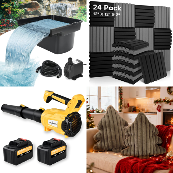 Source photograph for Pallet – Garden & Home Goods – Pond Filter, Cordless Leaf Blower, Acoustic Panels, Curtains