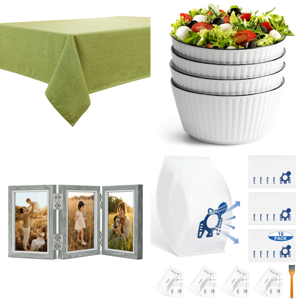 Source photograph for Pallet – Mixed Home Goods – Tablecloths, Bowls, Photo Frames, Glasses, Flip-Flops, Furniture Leg Protectors