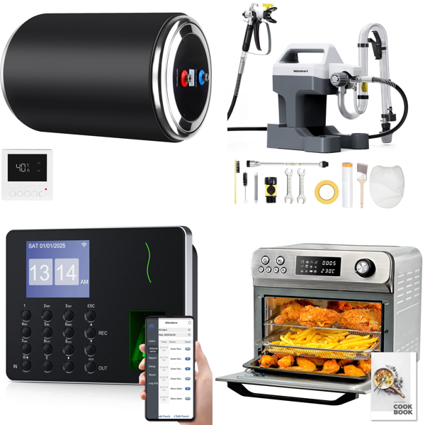 Source photograph for Pallet – Electrical & Household Equipment – Water Heaters, Controllers, Paint Sprayers, Air Fryers, Cultivators