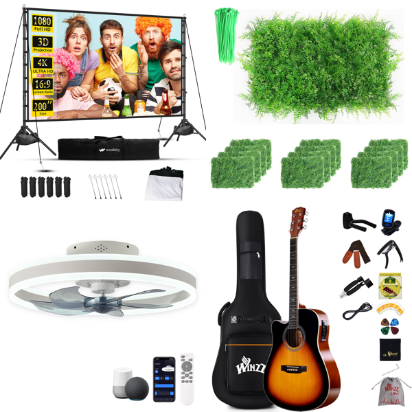 Source photograph for Pallet – Mixed Home & Event Goods – Projector Screen, Ceiling Fan, Festival Trolleys, Guitars
