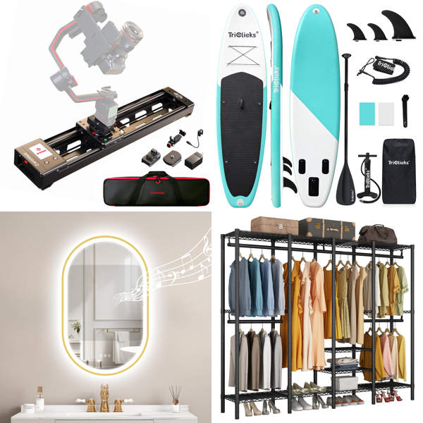 Source photograph for Pallet – Mixed Home & Leisure Goods – Camera Slider, LED Mirror, Paddleboard, Kitchen Sink