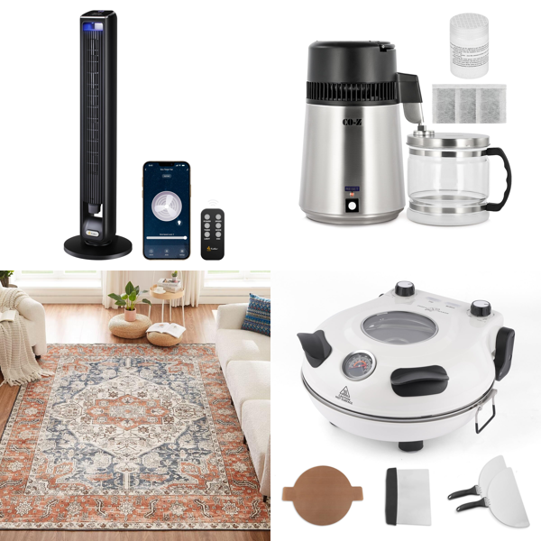 Source photograph for Pallet – Mixed Goods – Tower Fan, Water Distiller, Pizza Oven, Vinyl Wrap, Clothes Drying Rack