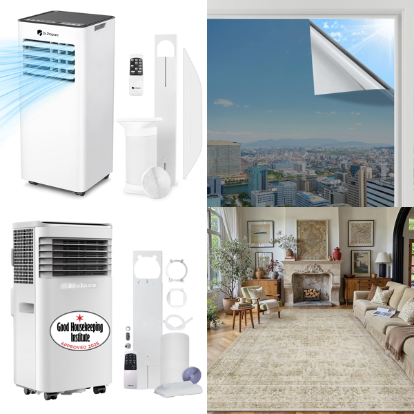 Source photograph for Pallet – Mixed Home Goods – Portable Air Conditioners, Safety Gates, Window Films, Rugs, Studio Lighting