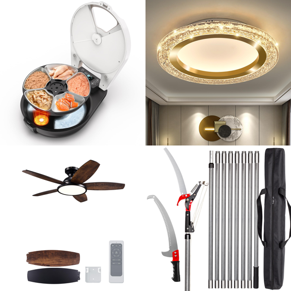 Source photograph for Pallet – Mixed Home & Garden Goods – Cat Feeder, Ceiling Fans, Light Fixtures, Garden Saws
