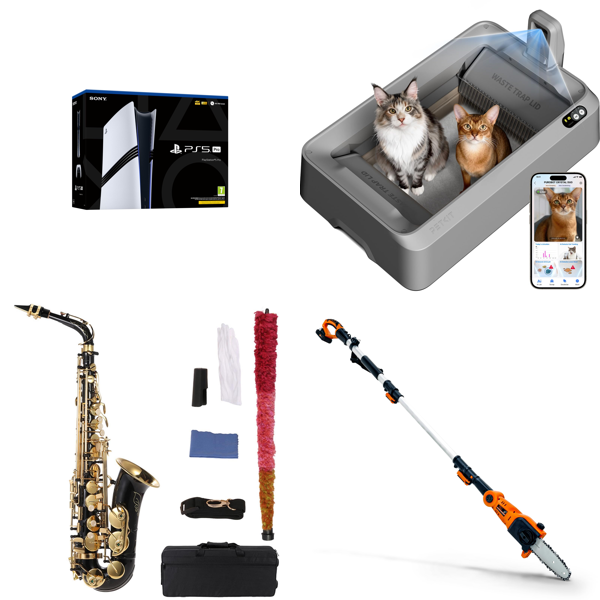 Source photograph for Pallet – Mixed Goods – PlayStation 5 Pro Console, Saxophone, Automatic Cat Litter Tray, Pole Chainsaw, Area Rug